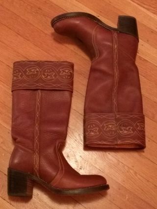 Rare Frye Brown Leather Western Cowgirl Boots 8.  5b Stitch Design Boho Vtg