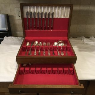 62 Pc Tudor Plate Oneida Community Flatware June Nursery With Wooden Chest