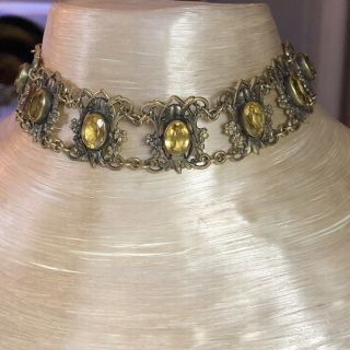 Antique Victorian Choker Necklace Yellow Canary Citrine Crystal Open Bezel