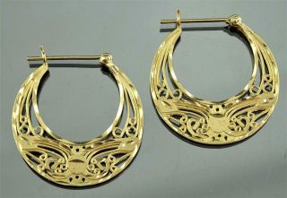 Gorgeous Large 14k Yellow Gold Engraved Filigree Hoop Pierced Earrings No Rsv