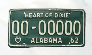 Vintage 1962 Alabama Sample License Plate 00 - 00000