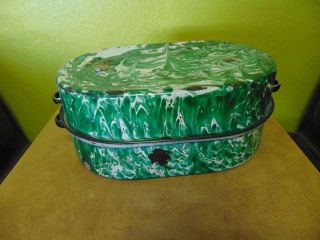 Vintage Green White Swirl Granite Enamel Ware Roaster Pan Large Tray Steam Spout