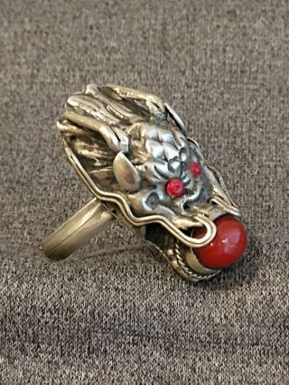 Vintage Chinese Tibetan Sterling Silver & Red Coral Dragon Head Ring Size 10