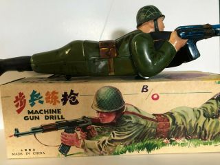 Vintage Rare China Me 644 Tin Tinplate Machine Gun Drill Soldier B/o Boxed