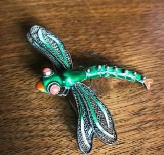 Vintage Antique Silver Filigree Red Coral Eyes Green Enamel Dragonfly Pin Brooch
