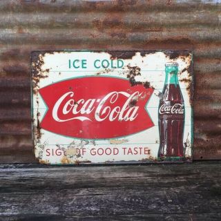 Vintage Metal Coke Sign Coca Cola Soda Ice Cold 1950s Aged 20x28 Inch