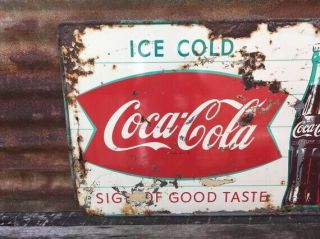 Vintage Metal Coke Sign COCA COLA Soda Ice Cold 1950s Aged 20x28 Inch 2