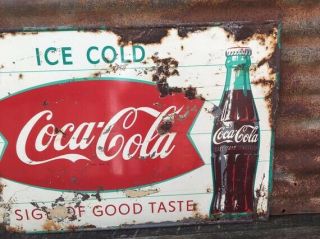 Vintage Metal Coke Sign COCA COLA Soda Ice Cold 1950s Aged 20x28 Inch 3