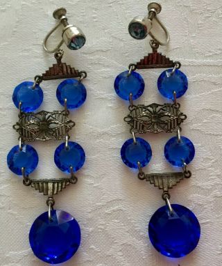 Czech Filigree Long Drop Vintage Art Deco Royal Blue Drop Earrings C1920/30’s