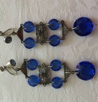 Czech Filigree Long Drop Vintage Art Deco Royal Blue Drop Earrings c1920/30’s 3