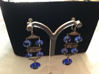 Czech Filigree Long Drop Vintage Art Deco Royal Blue Drop Earrings c1920/30’s 4