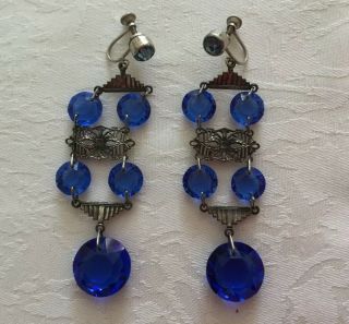Czech Filigree Long Drop Vintage Art Deco Royal Blue Drop Earrings c1920/30’s 5