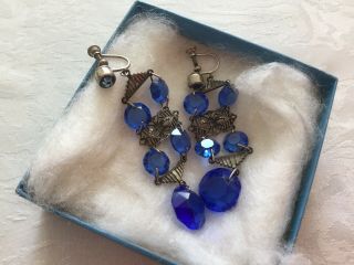 Czech Filigree Long Drop Vintage Art Deco Royal Blue Drop Earrings c1920/30’s 6