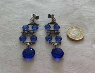 Czech Filigree Long Drop Vintage Art Deco Royal Blue Drop Earrings c1920/30’s 8