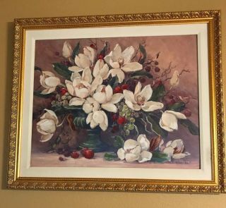 Barbara Mock Vintage White Magnolia Painting Framed 32x37home Interior?