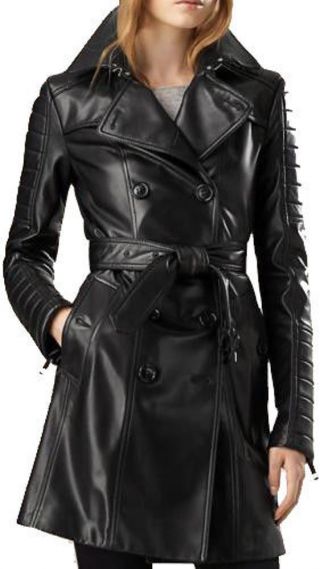 Women Ladies Vintage Mac Ladies Outerwear Long Real Leather Trench Coat