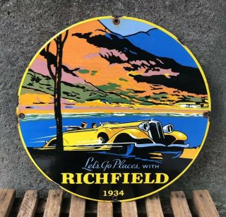 Vintage Porcelain Richfield Gasoline Sign Gas Oil Service Station Pump Plate