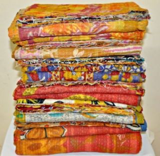 Set Of 5 Handmade Vintage Kantha Quilt,  Handmade Reversible Antique Gudri Throw