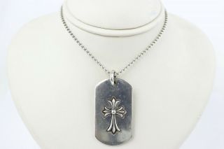 Vintage Sterling Silver " Chrome Hearts " Carved Cross Dog Tag Pendant With Chain