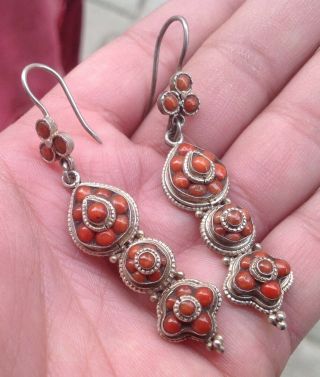 Vintage Antique Silver Dangle Earrings With Natural Red Coral Nepal Tibet 1920