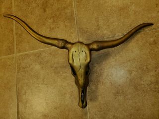 Vintage Mid Century Solid Brass Longhorn Steer Skull Head Horns Wall Sculpture
