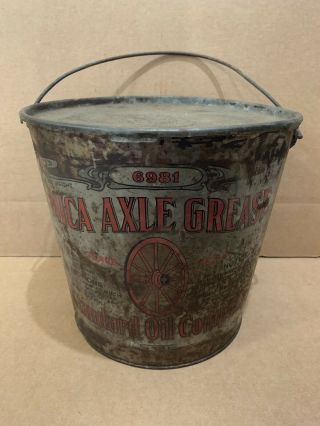 Vintage Standard Oil Company Mica Axle Grease Can Bucket Wagon Wheel Gas Sign