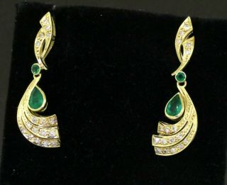 Vintage 18k Yellow Gold 1.  76ct Diamond And Emerald Drop Dangle Earrings