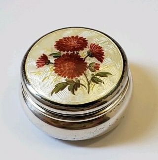Antique Sterling Silver Pill Box With Guilloche Enamel Lid,  Circa 1912