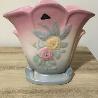 Vintage Hull Art Pottery 8.  5 Inch Fan Vase - Camellia Pink & Green Orig Sticker