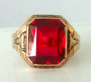 Large Mens 10k Art Deco Ring With Red Center Stone Nr