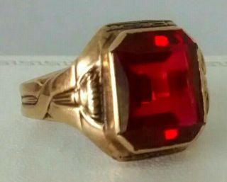 LARGE MENS 10K ART DECO RING WITH RED CENTER STONE NR 3