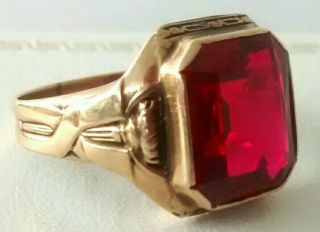 LARGE MENS 10K ART DECO RING WITH RED CENTER STONE NR 6