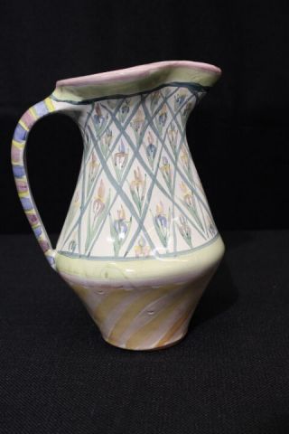 Vintage Mackenzie Childs Hand Painted Bearded Iris Striped Floral 8 " Pitcher Jug