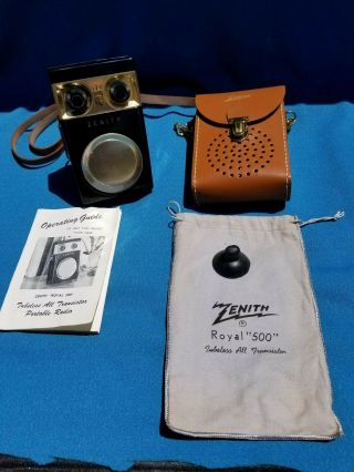 Vintage Zenith Royal 500 Transistor Radio,  Case,  Bag,  Instructions,  Etc.