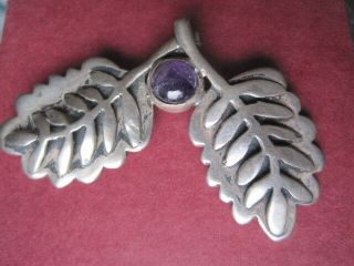 Vintage Mexico Silver Shadow/3d Leaves With Amethyst Berry Brooch/pin Cena