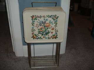 Vintage Set 4 Metal Durham Tv Trays W/storage Cart Flower Design,  Extra Tray