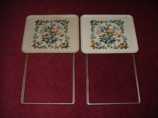 Vintage Set 4 Metal Durham TV Trays w/Storage Cart Flower Design,  Extra Tray 2