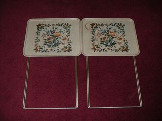 Vintage Set 4 Metal Durham TV Trays w/Storage Cart Flower Design,  Extra Tray 5