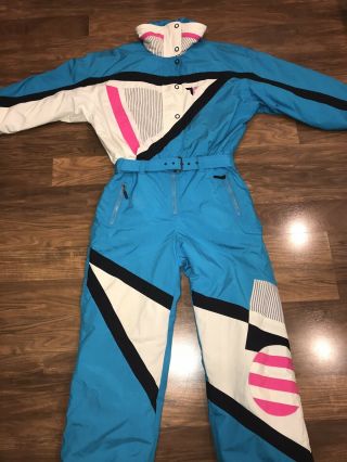 Vtg 80s Neon Blue TYROLIA Mens SMALL One Piece SKI SUIT Snow Bib Onsie Snowsuit 2