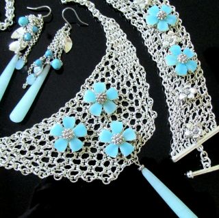 Vtg Runway Monet Blue Floret Glass Dangle Mesh Bib Necklace Bracelet Earrings