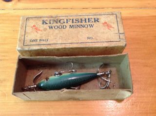 Vintage Kingfisher 3 Hook Wooden Minnow In Its 2 - Pc Cardboard Box In Exc Cond.