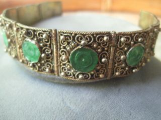 Antique Chinese Green Jade Link Bracelet 9 Panels Carved Jade Gold Over Silver