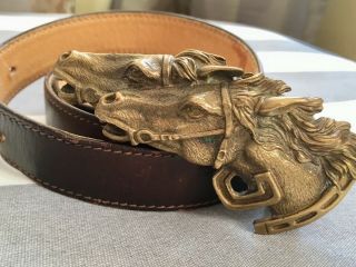Rare Vintage Gucci Double Horse Head Dark Brown Leather Belt