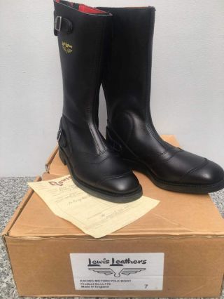 Boxed Vintage Lewis Leathers Black Motorcycle Racing Boots Size 7