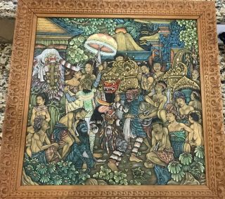 FINELY DETAILED VTG BALI UBUD PAINTING FOLK ART CEREMONIAL FIGURES BY N.  TEKER 2