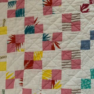 Vintage 1950 ' s Handmade Hand Quilted Four Patch Hawaiian Quilt - 77 