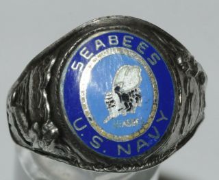 Ww2 Era U.  S.  Navy Seabees Sterling Silver Ring With Ensignia Size 11 3/4