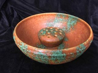 Vintage Roseville Imperial Ii Console Bowl And Flower Frog Orange Green