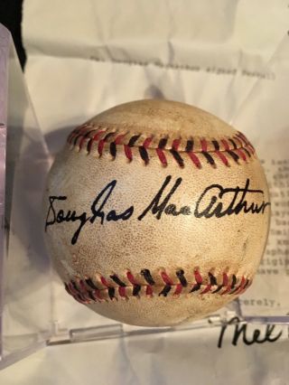 Rare General Douglas Mcarthur Autograph Baseball With Letter Of Providence