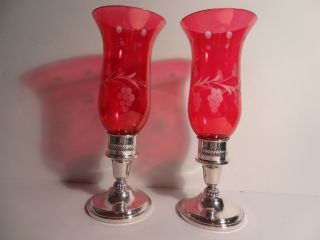 Vintage Pair Cranberry Etched Glass Sterling Silver Hurricane Lamps 2 Sizes Ex C